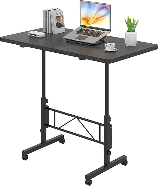 VECELO Small Standing Desk Adjustable Height, Mobile Computer Workstations with Wheels, Portable Rolling Laptop Table for Walking Pad, Home Office, Dark Black