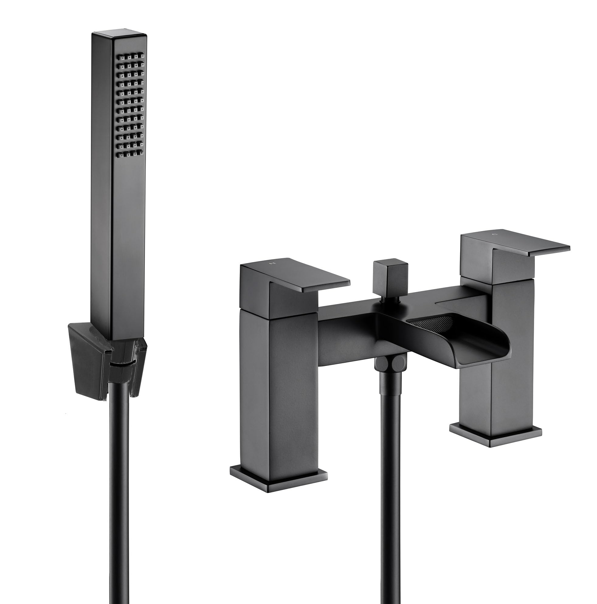Veebath Matt Black Kinetic Square Waterfall Bath Shower Mixer – Finish, Dual Lever Control, G1/2" Bsp Inlet, Square Showerhead & Handheld Shower, Deck Mounted Bathroom Taps Pair