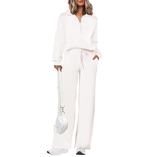 PRETTYGARDEN Women's 2 Piece Outfits Casual Lapel Half Zip Sweatshirts And Wide Leg Pants Tracksuit Sets (White,Large)