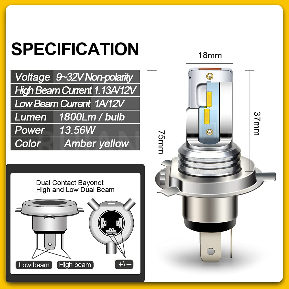 Ruiandsion H4 Moto del faro del LED lampadina luminosa eccellente gialla 1860 4SMD Chips AC/DC 9-32V Alto Basso raggio LED del motociclo faro lampadina