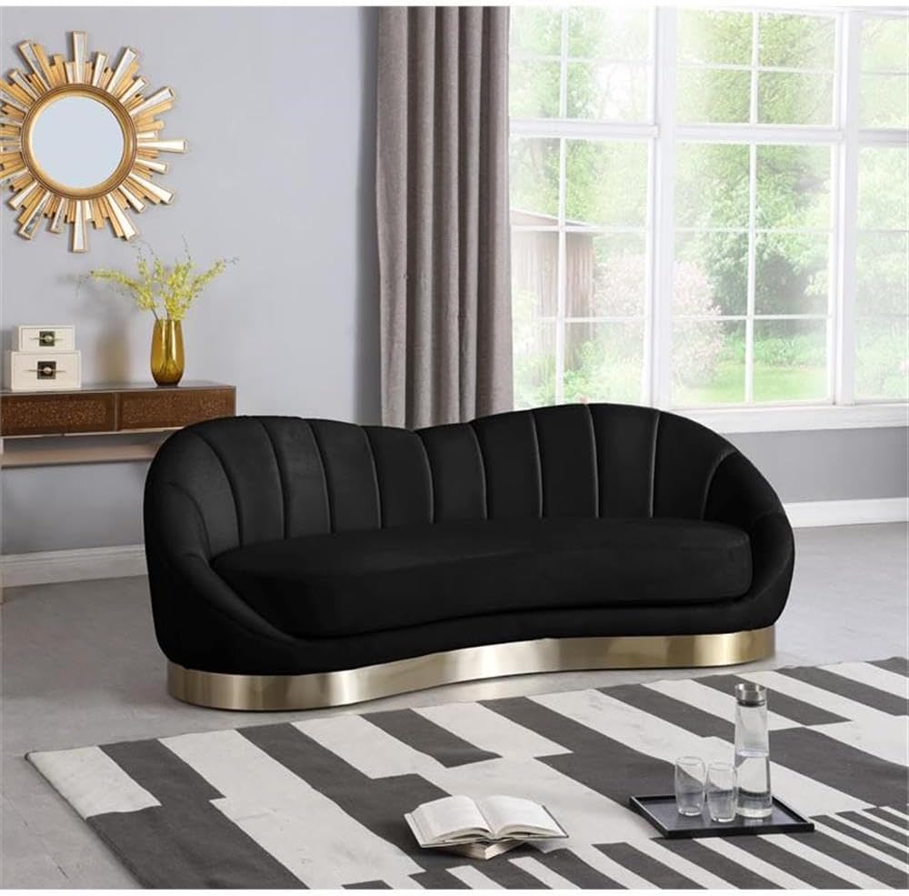 Meridian Furniture Shelly Collection Modern | Contemporary Velvet Upholstered Shell Shaped Chair with Brushed Gold Stainless Steel Base, 90" W x 40.75" D x 32" H, Black