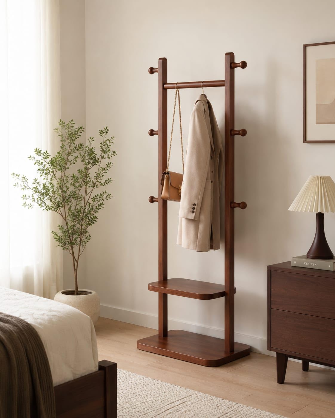 Kastaa Wooden Freestanding Clothes Rack | 60 x 23.5 x 166 cm | Walnut Finish | Bedroom Entryway Hallway Office Storage | Home Use | Premium Finish-image-26