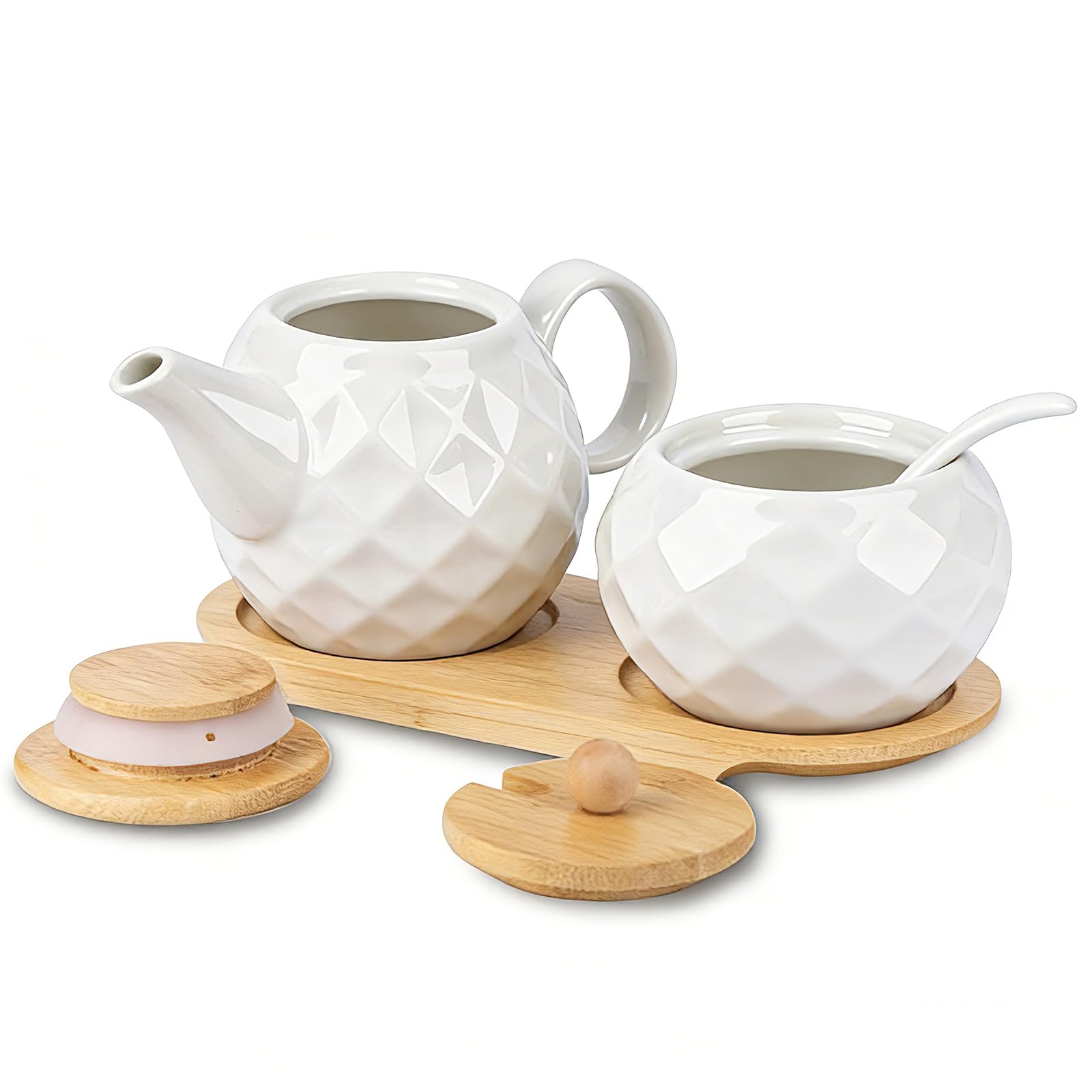 Milch und Zucker Set Keramik, Zuckerdose mit Deckel und Löffel, Milchkännchen Porzellan 260ml mit Holz Tablett, Barista Milchkännchen Milchbehälter, Spülmaschinen- und Mikrowellengeeignet (Weiß, C)