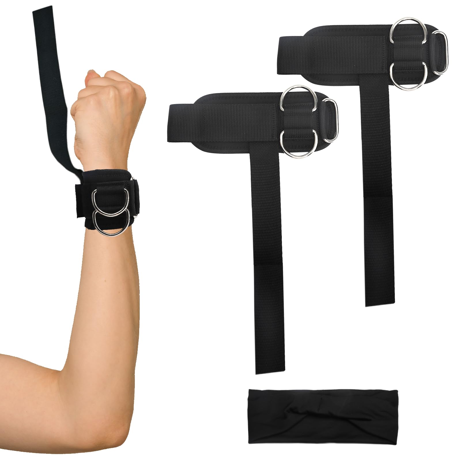 Pack of 2 Wrist Straps for Weightlifting with D-Rings Weight Lifting Straps for Fitness Training Strength Training with Sports Headband Cable Machine Gym Straps for Bodybuilding Deadlifts