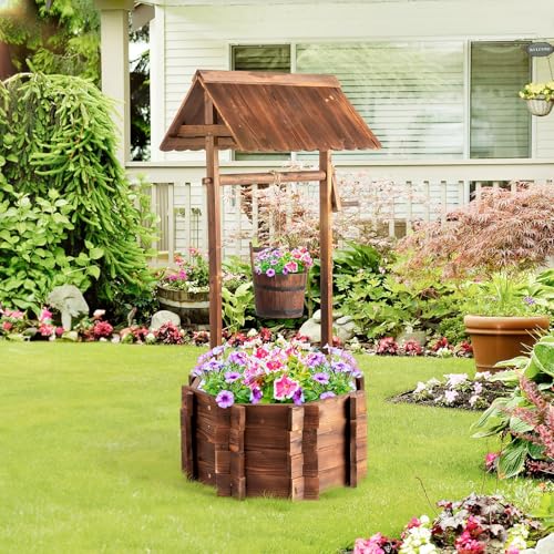 VINGLI Wooden Wishing Well Outdoor Planters, Well Covers for Yard with 2 Reinforced Rods, Height Adjustable Hanging Bucket, Rustic Flower Pot Decor for Outside Patio Garden (Carbonized, 22' Width)