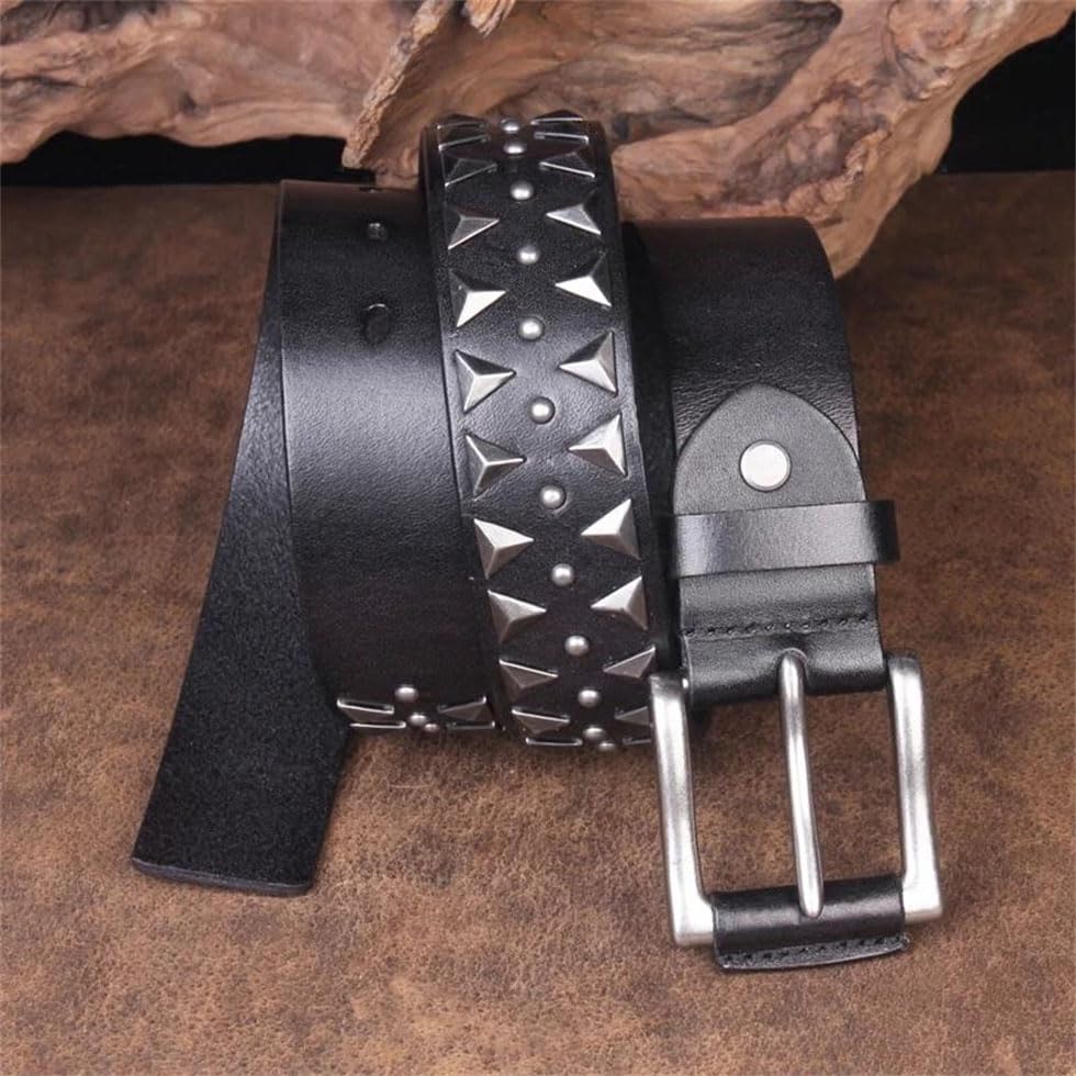 Pohullan Men Handmade Studded Belt Leather Punk Rock Style Belt Retro Jeans Belts2