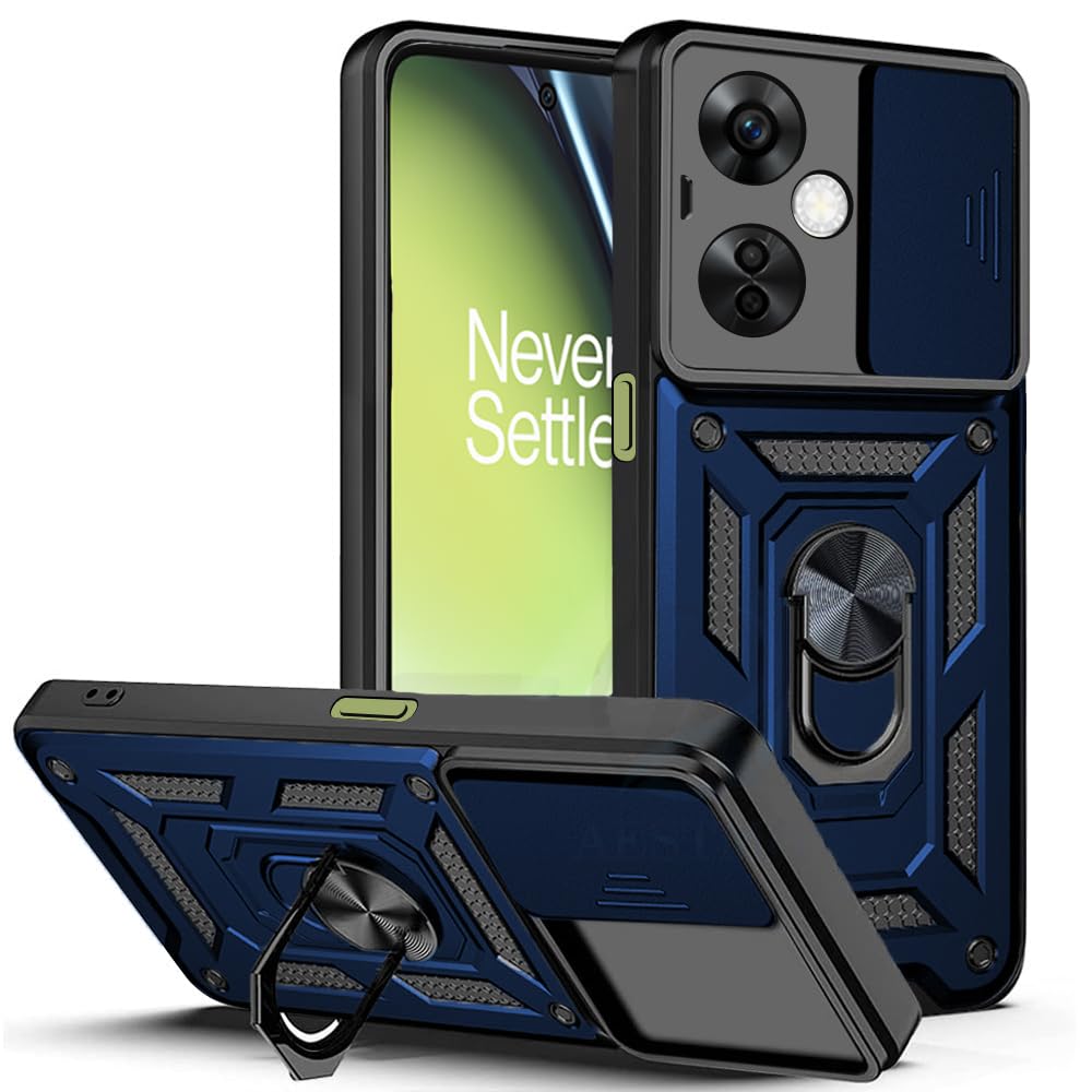 AESTMO Tough Armor Oneplus Nord CE 3 Lite 5G Bumper Back Case Cover | Ring Holder & Sliding Camera Shield Cover | 360 Degree Protection Back Case Cover for Oneplus Nord CE 3 Lite 5G (Blue)
