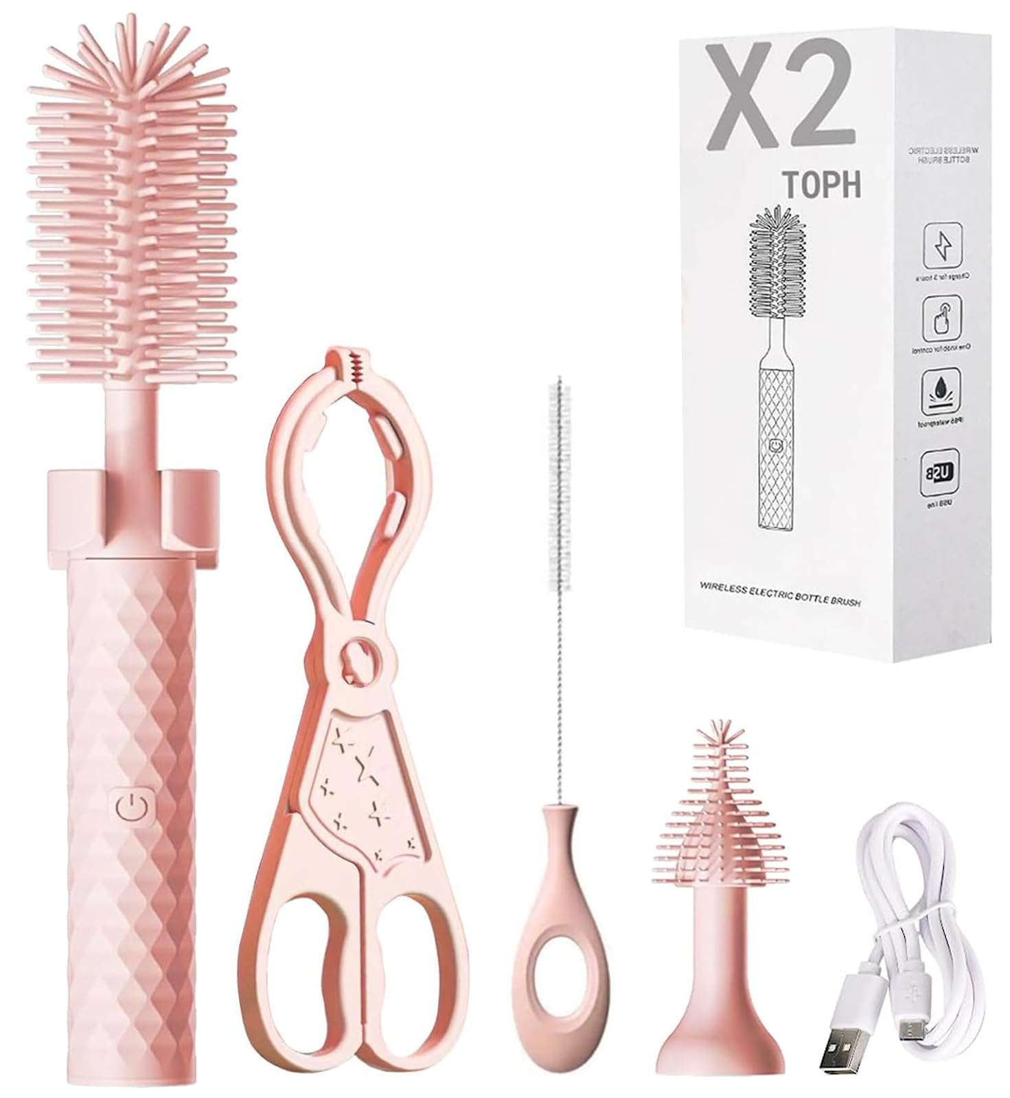 360 Bottle Cleaner, 360 elettrico Bottle Cleaner, elettrico Bottle Brush Cleaner Baby, 360 Bottle Cleaner Brush, Portable Travel Electric Baby Bottle Brush Brush Set (4 Set, rosa)