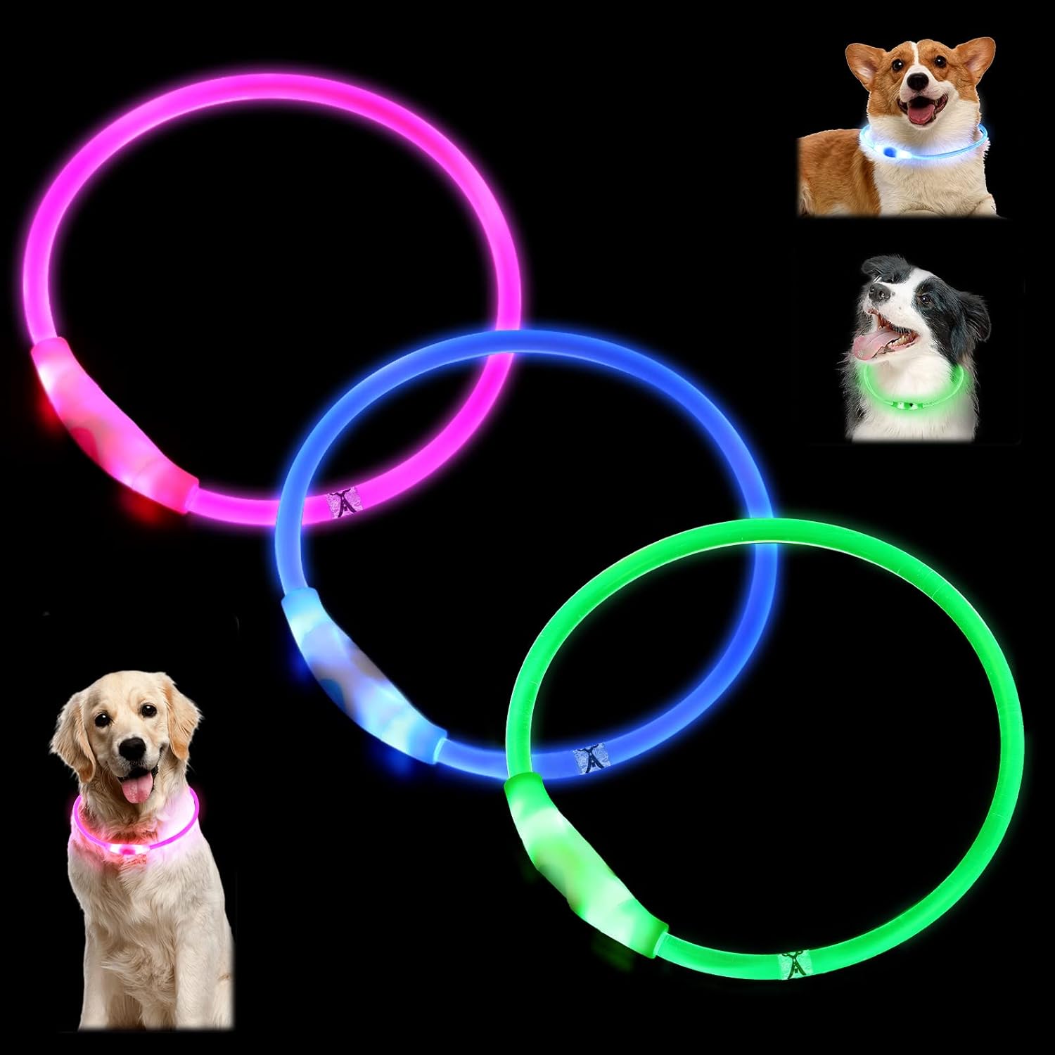3 Packs LED Dog Collars, 27.5 in USB Rechargeable Lighting Glowing Pet