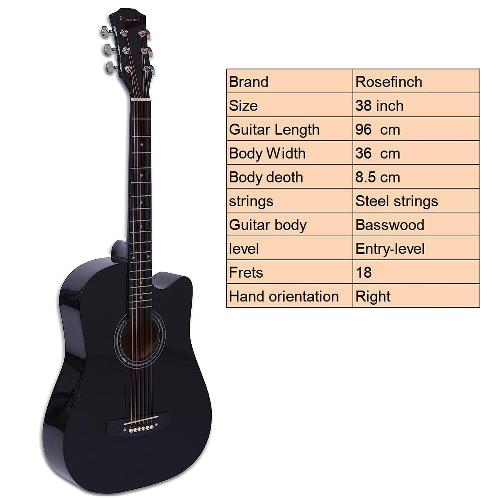Rosefinch Guitare acoustique 3/4 Cordes en acier 96,5 cm Folk Cutaway Guitare en bois pour débutants adultes et enfants débutants Kit de guitare avec sac d'accordeur, capodastre et enrouleur de cordes