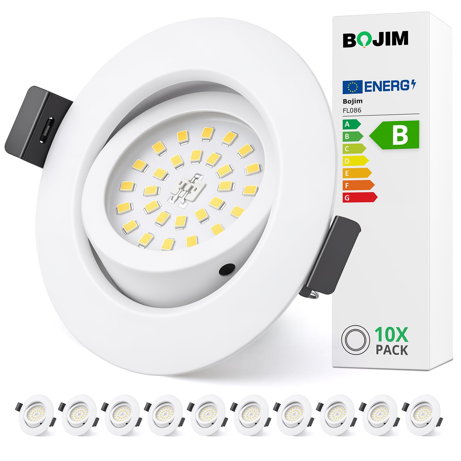 BOJIM Einbaustrahler LED Bad Küche Deckenspots Energieeffizienzklasse B | Spots 230V IP44 Schwenkbar, Weiß, 3000K Warmweiß, 68mm - 80mm Lochmaß, Flach, 4.7W, 10er Set