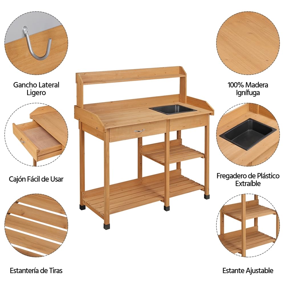 Yaheetech Mesa de Jardinería Exterior, Mesa de Trabajo y Cultivo | de Madera Abeto, para Terraza Patio, con Ganchos, Tamaño 114.8x45x121 cm