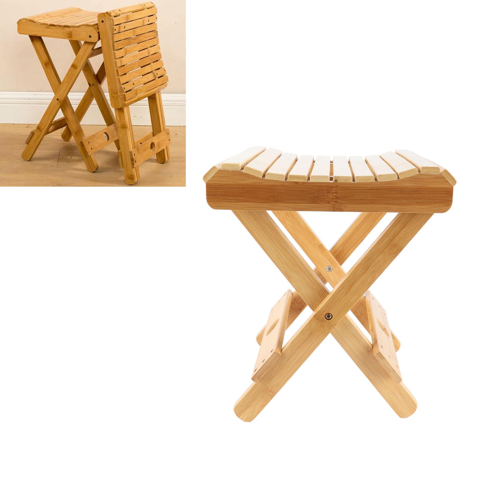 Brrnoo Taburete Plegable de bambú con Esquinas Curvas Antirrayas para Baño | Adecuado para Afeitado, Sauna, Spa, Patio y Viajes, Pintura a Base de Agua No Tóxica, Material de bambú Resistente