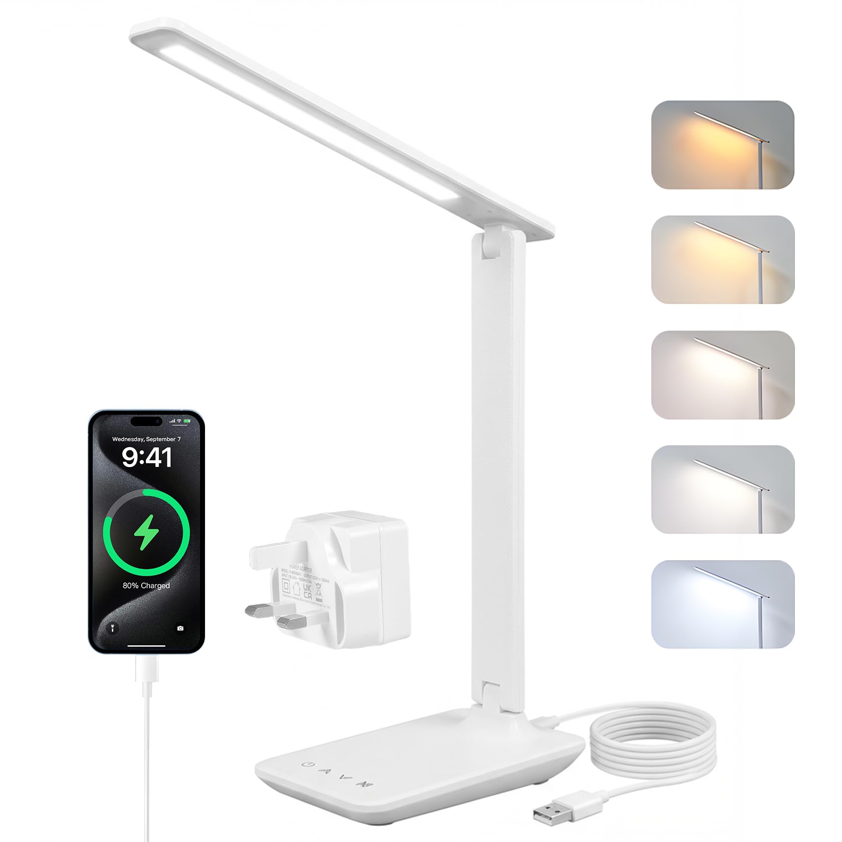 LED desk lamps office, dimmable desk light, LED table lamp with 5 colours and 5 brightness levels, reading lamp with USB charging port, touch control for children, bedrooms, reading, offices (White)