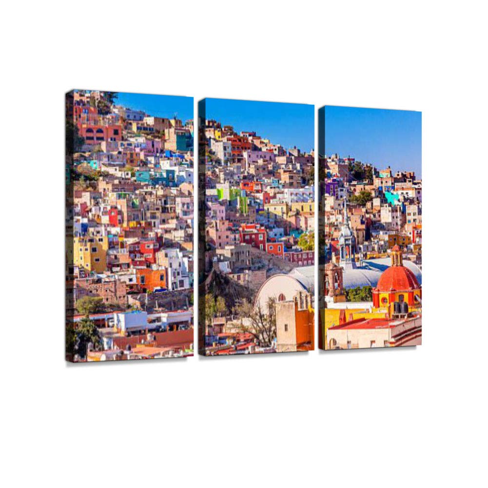 Colored Houses Iglesia de San Roque Market Guanajuato Mexico 3 Pieces Print On Canvas Wall Artwork Modern Photography Home Decor Unique Pattern Stretched and Framed 3 Piece