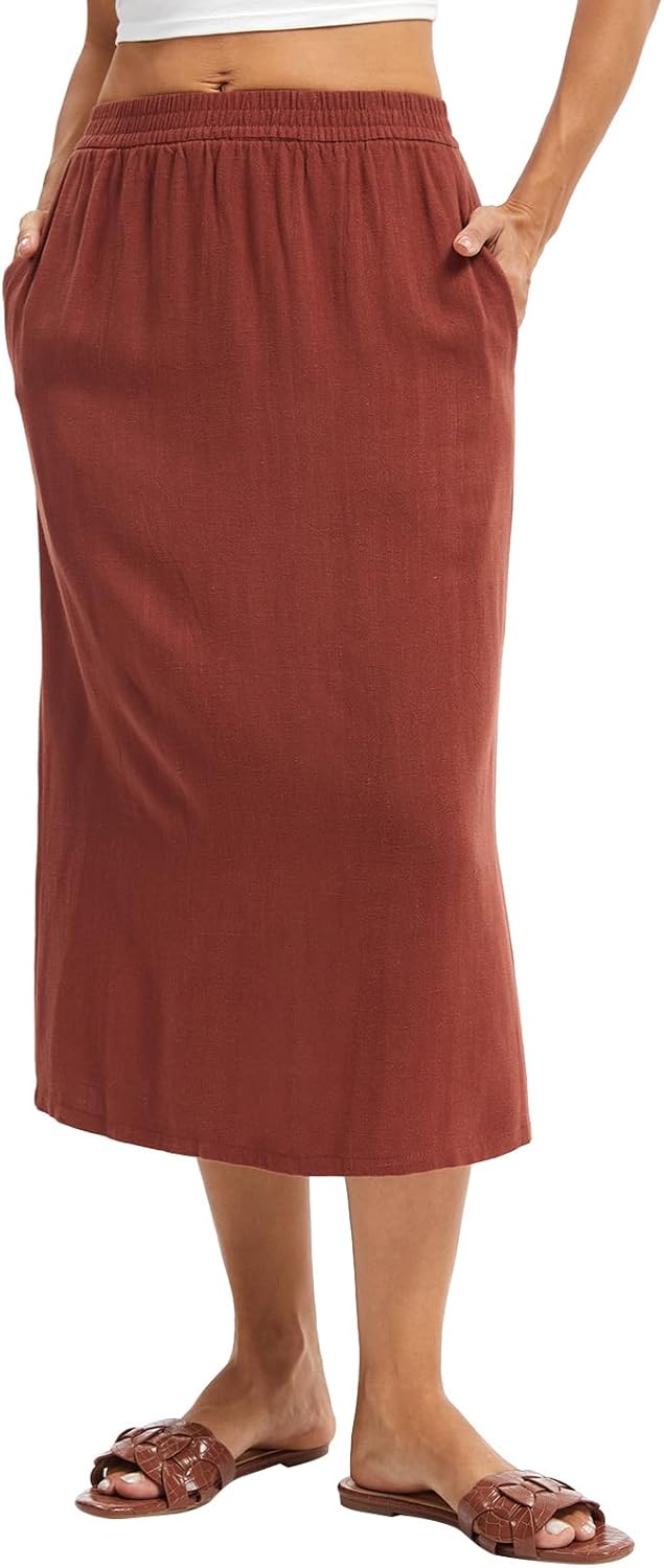 Women's Linen Blend Midi Skirt Reversible Front-Back Slit Design with Side Pockets