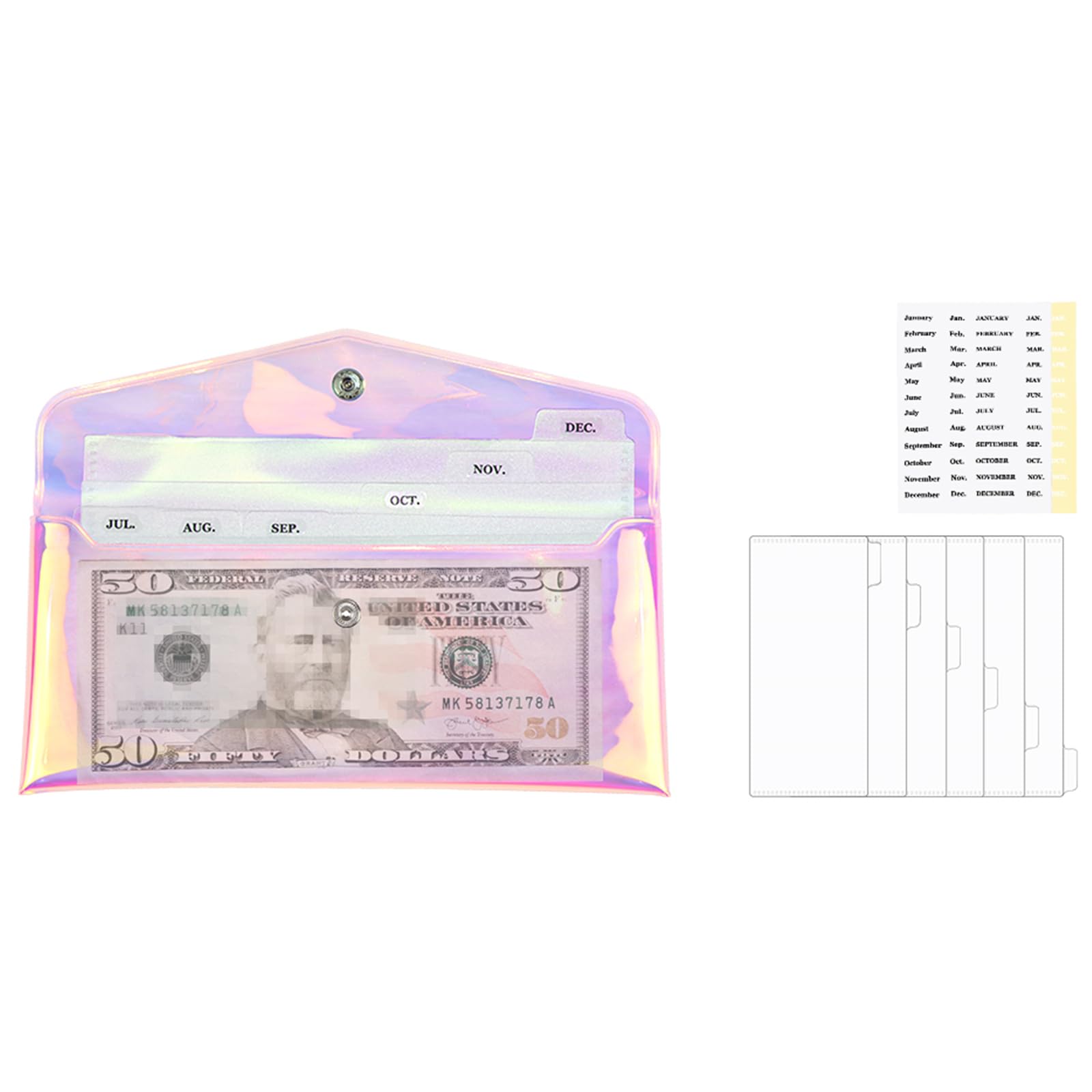 MogoostryCash Envelopes Wallet Set Clear Rainbow Wallet PVC Money Holder with 6PCS Cash Divider with Pocket Cash Envelopes and Tab Stickers for Bill Planner Money Organizer