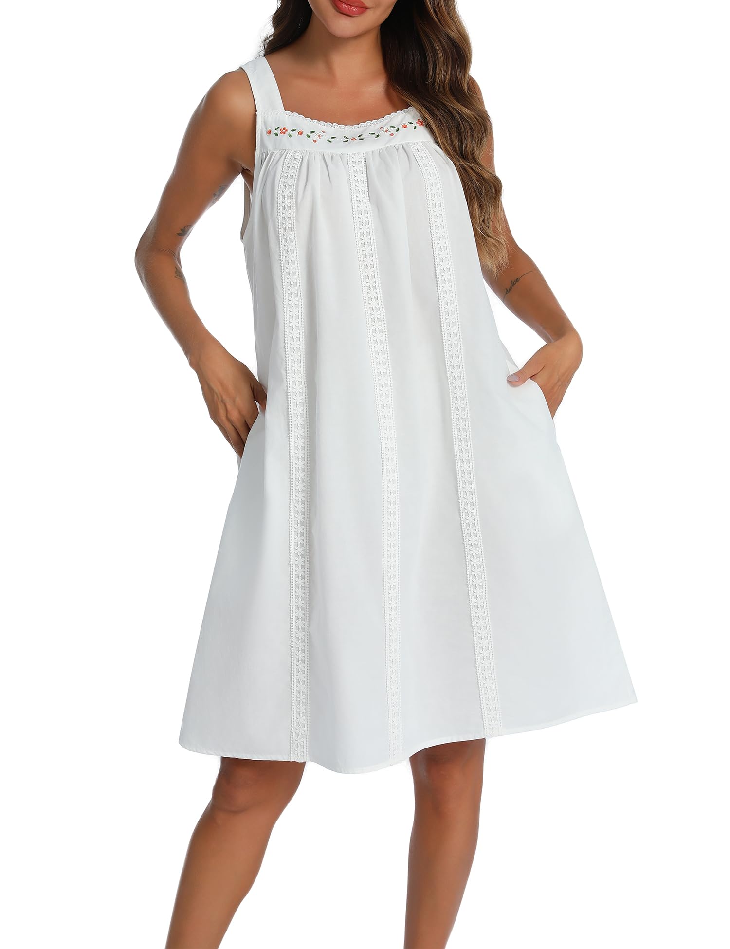 YOZLY Cotton Nightgowns for Women Sleeveless Tank Night Gown Sleepwear with Pockets