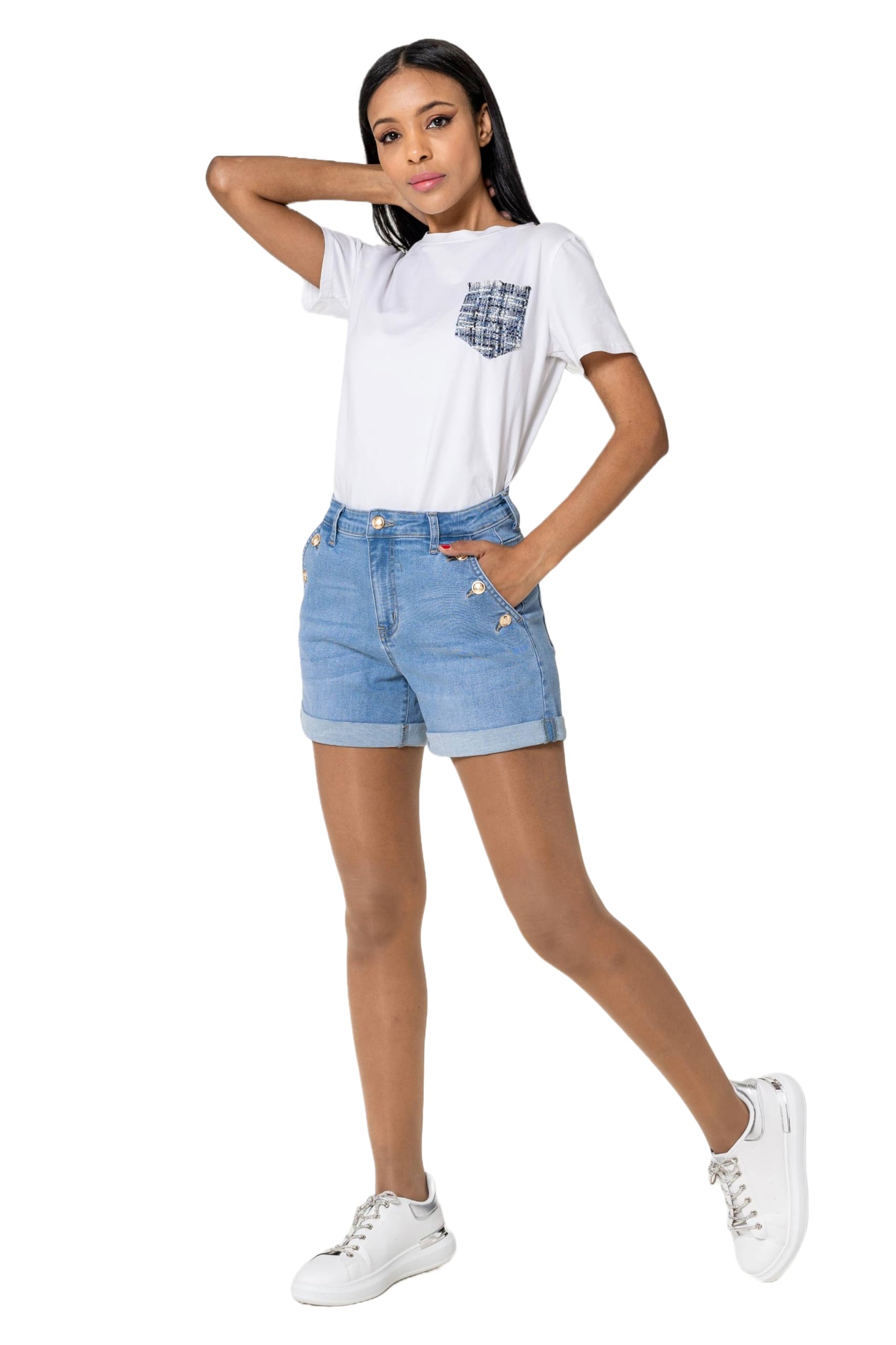 Nina Carter Pantaloncini da donna a vita alta, in jeans, look usato, eleganti pantaloncini estivi in denim