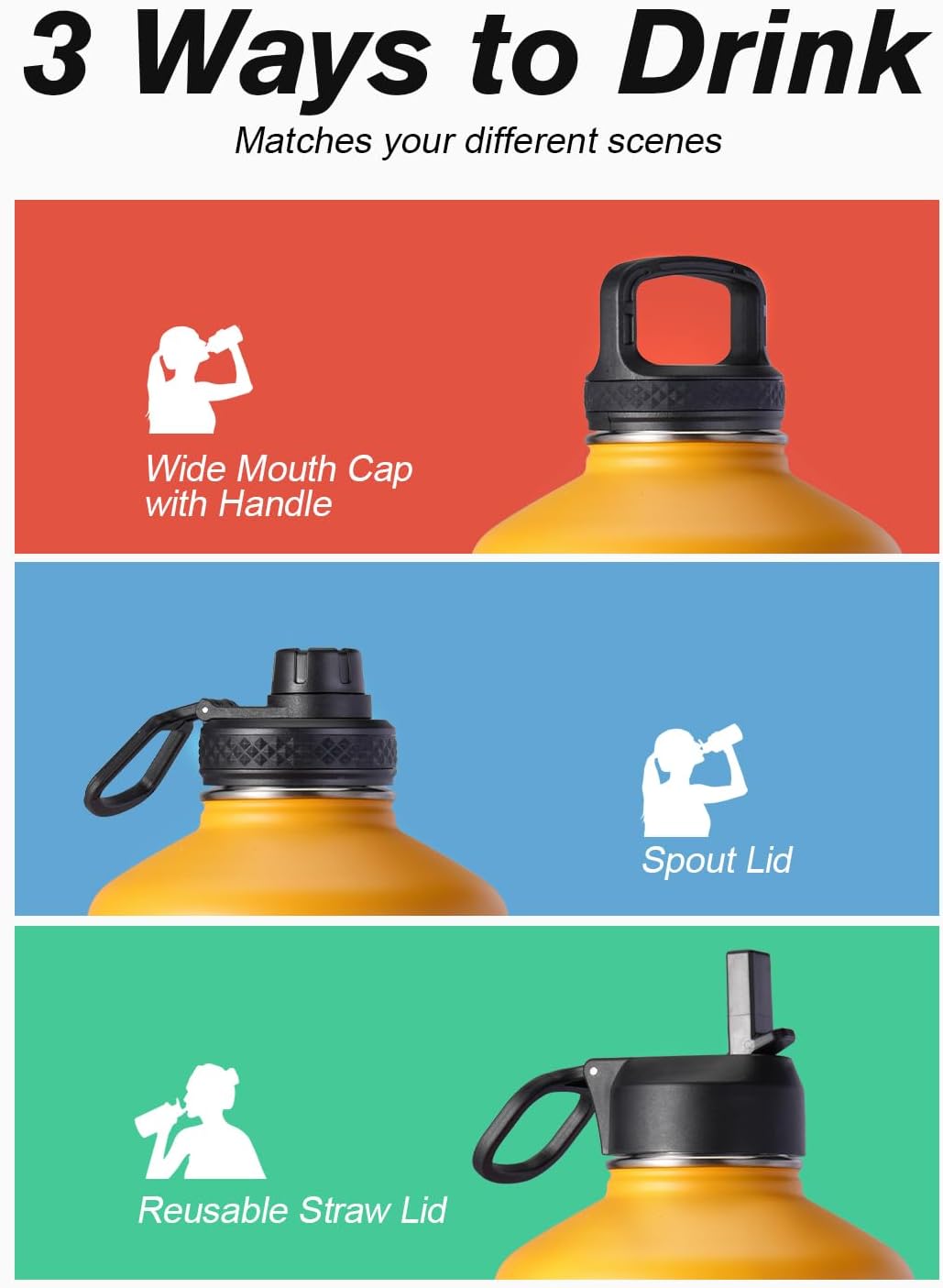 Coolflask 128 oz Gallon Water Bottle Insulated with Straw&3 Lids, Water Jug Large Stainless Steel Metal Vacuum Wide Mouth for Sports, Gym or Office, Non-BPA Keep Cold 48H Hot 24H, Ombre Yellow/Orange - Image 5