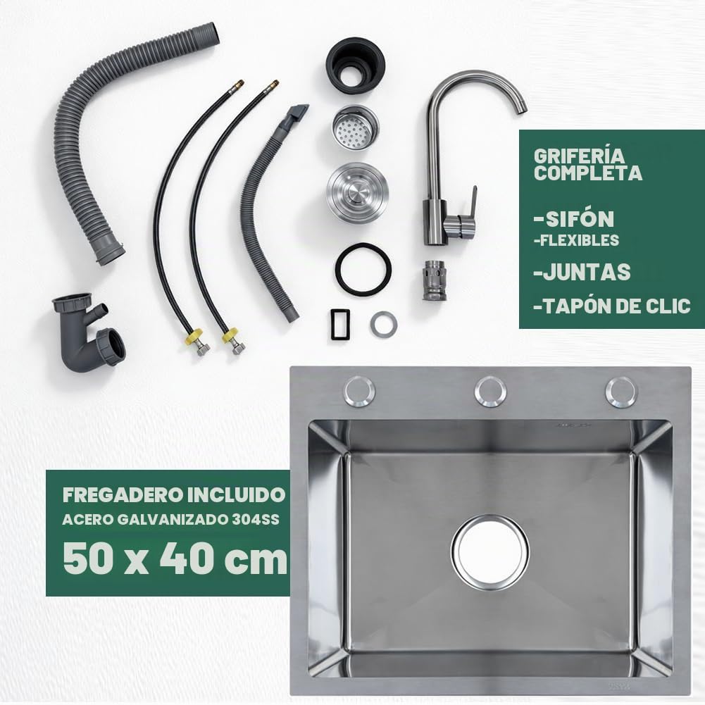 Shally Dogan Cocina completa monobloque 80 x 60 x 85 cm, placa de cocción de 2 fuegos y fregadero con 3 accesorios de acero galvanizado 50 x 40 cm, grifería completa con fuente y accesorios incluidos