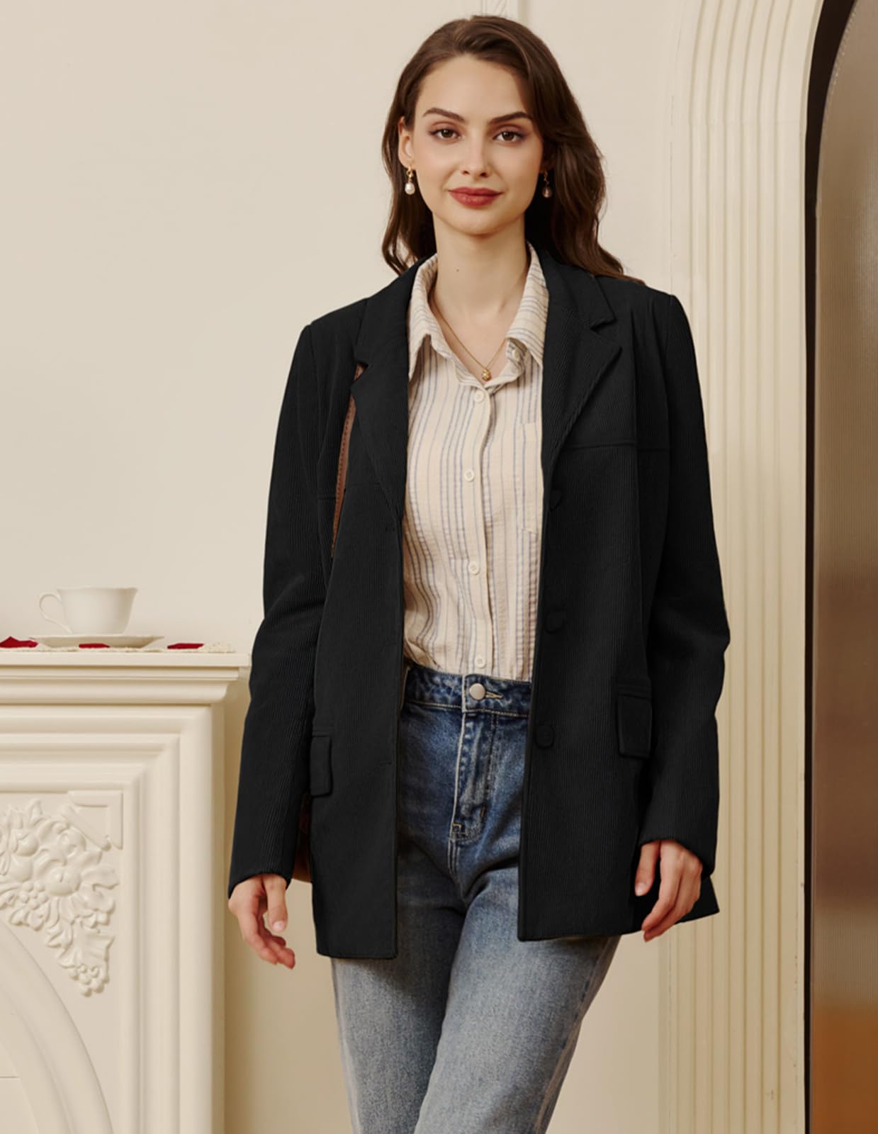 Belle Poque Blazer d'hiver en velours côtelé à manches longues avec revers cranté pour femme, idéal pour le travail, le bureau