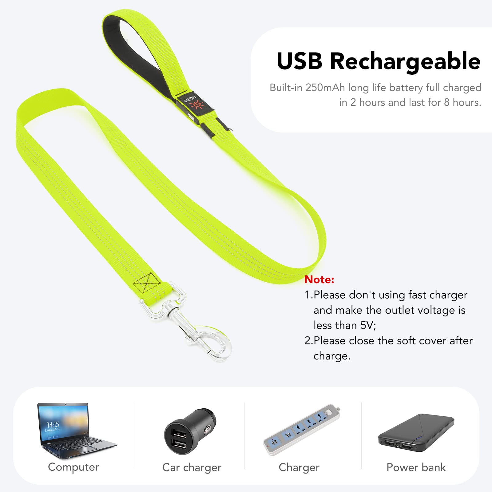 Correa LED para perro con luz Micro USB recargable impermeable correas de nailon resplandor de seguridad estándar para perros (verde con 3 cables reflectantes)