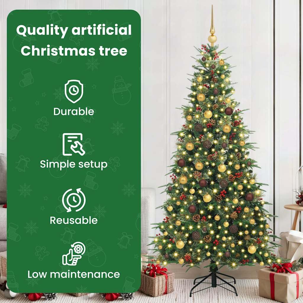 vidaXL Albero di Natale Artificiale con Rami Pieghevoli Verde 210 cm, Albero di Natale a forma di cono, decorazione resistente, luci festive con stringa bianca calda