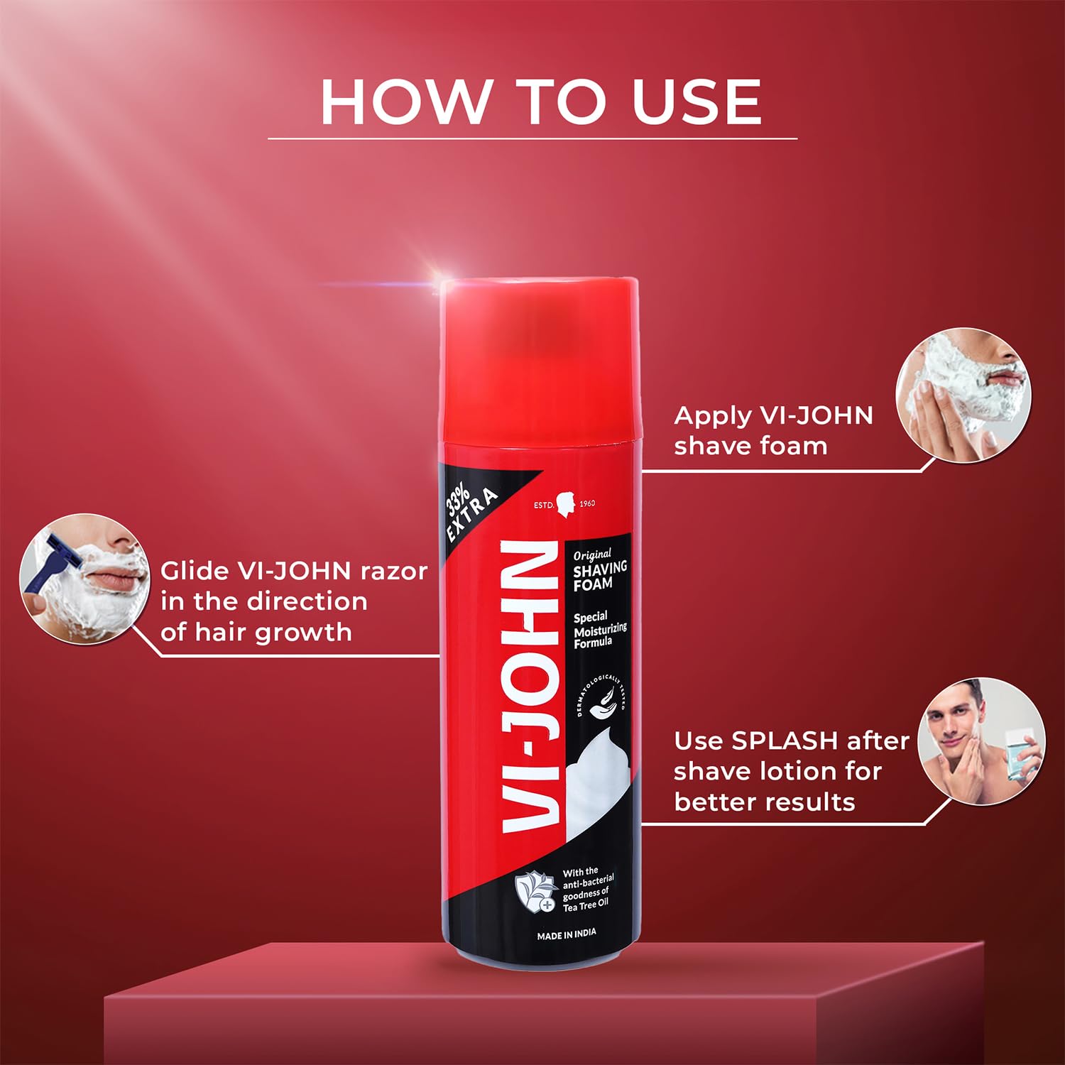 VI-JOHN Red Shaving Foam with Vitamin E and Tea Tree Oil, 401GM, With Special Moisturising Formula 2