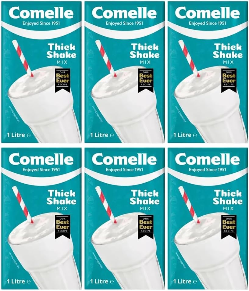 Comelle Thick Shake Mix for Commercial Machines 1L Pack of 6 Instant UHT Long Life Skimmed Vanilla Flavour Milkshake Drink Ready to Use with Welari Thank You Card | (6pack) (6L)