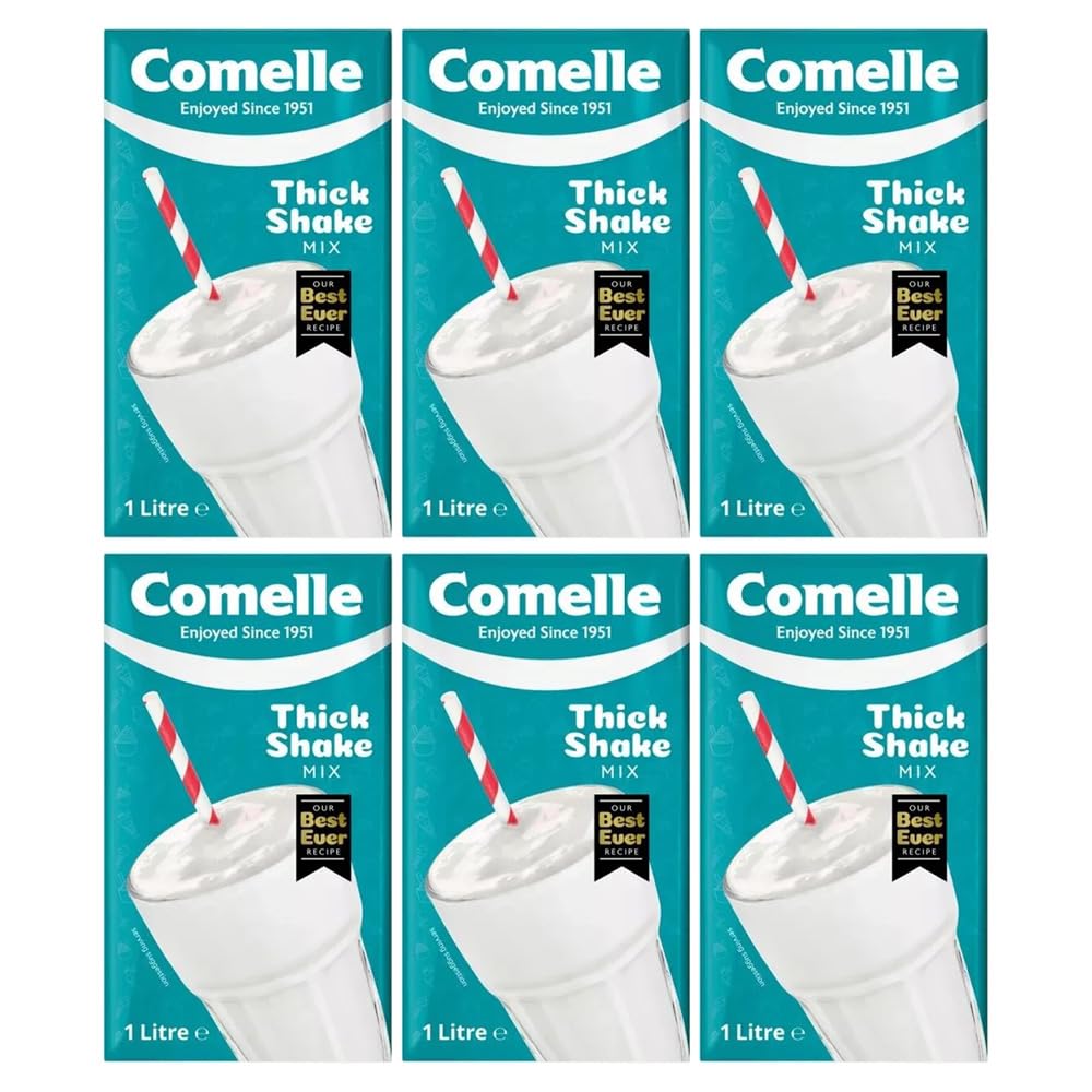 Comelle Thick Shake Mix for Commercial Machines 1L Pack of 6 Instant UHT Long Life Skimmed Vanilla Flavour Milkshake Drink Ready to Use with Welari Thank You Card | (6pack) (6L)