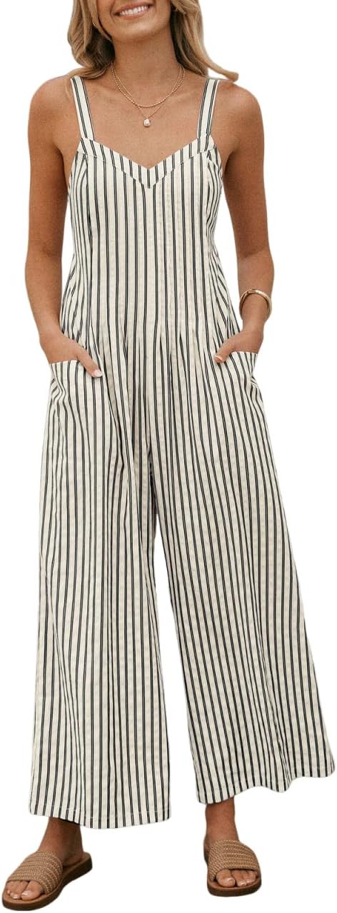 CUPSHE Maxi Jumpsuit for Women Striped Sleeveless Smocked Cutout Back Wide Leg Summer Casual Overall Romper