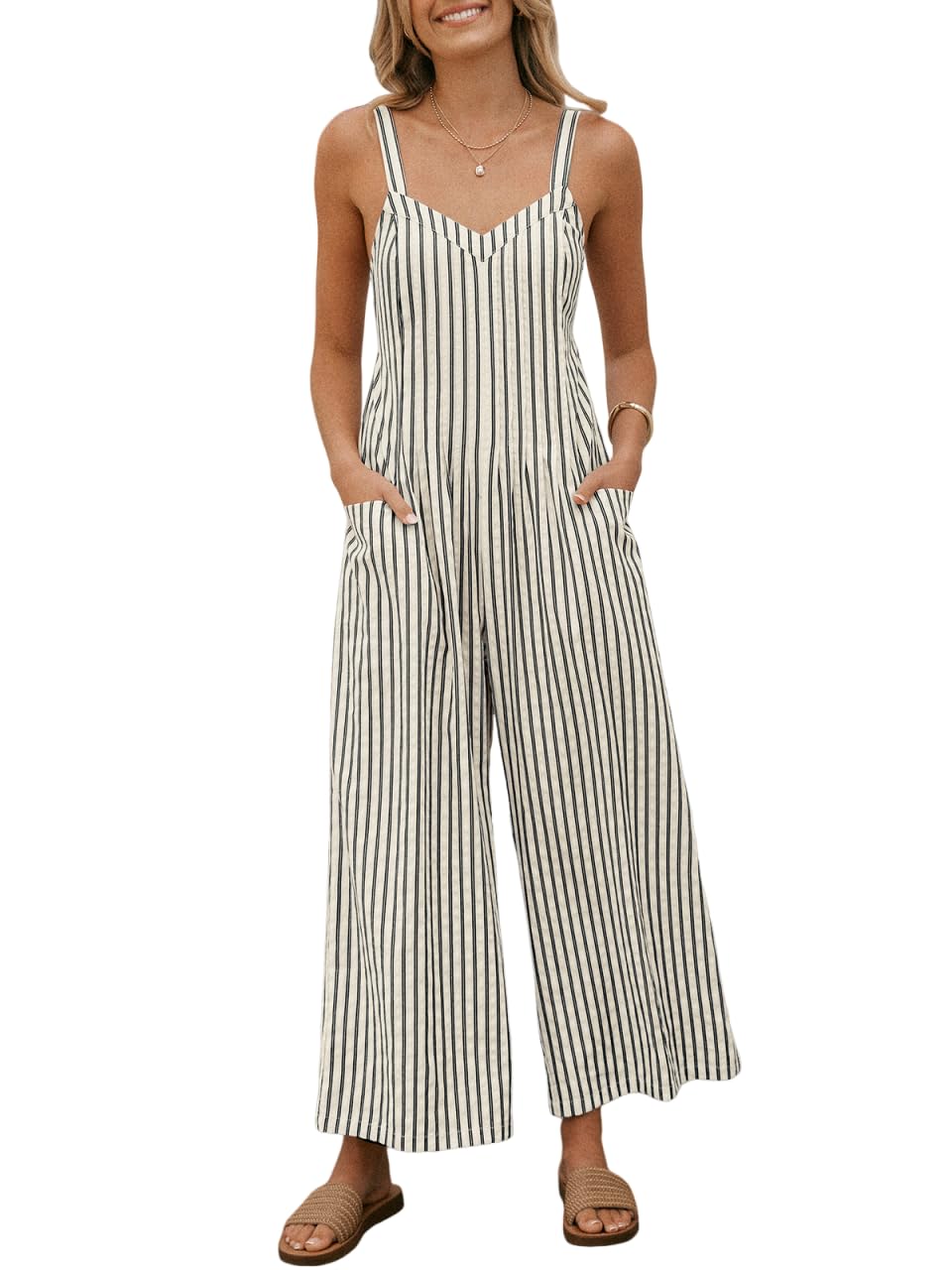 Maxi Jumpsuit for Women Striped Sleeveless Smocked Cutout Back Wide Leg Summer Casual Overall Romper-image-30