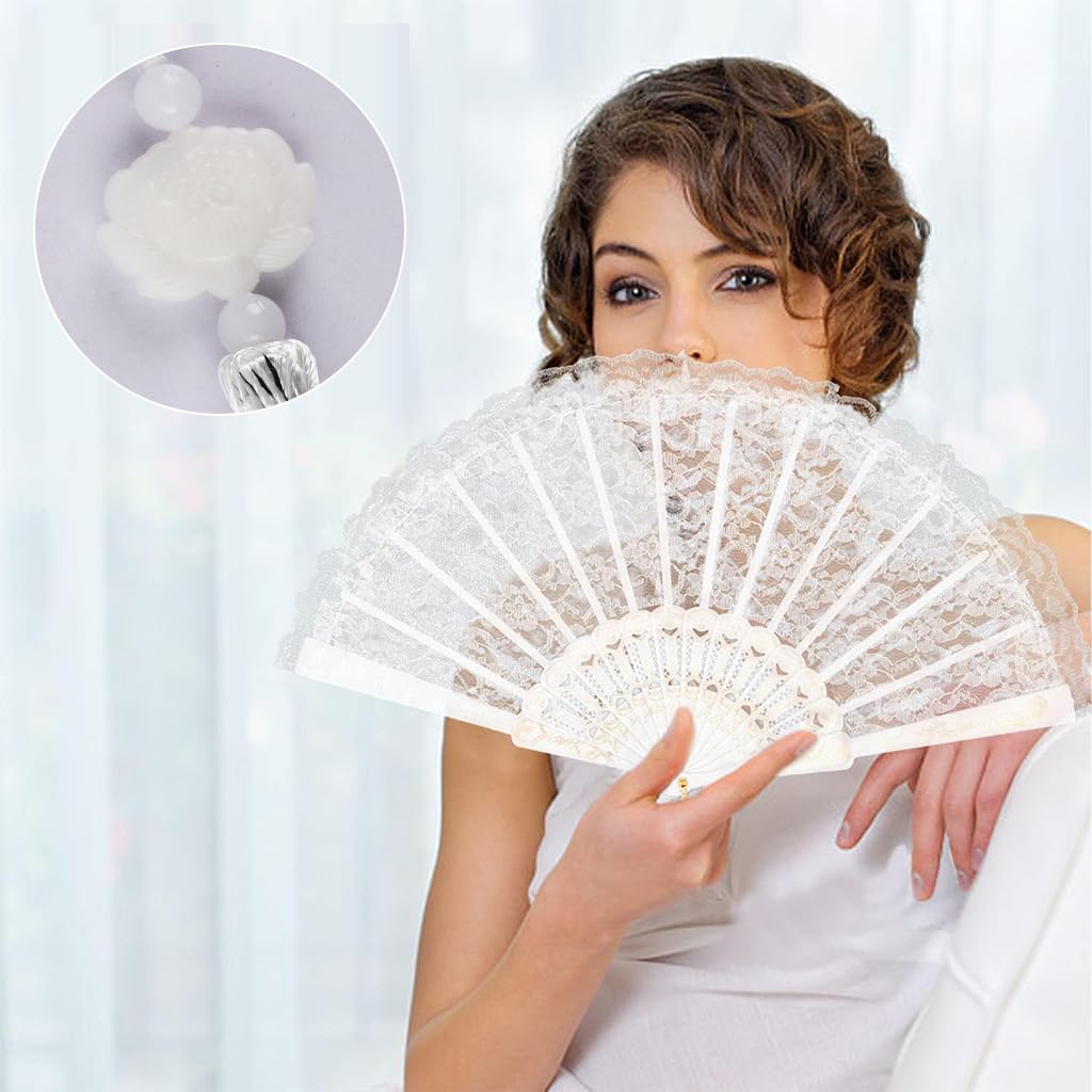 HASTHIP® Hand Fan Elegant White Fabric Hand Fan Traditional Chinese Fan with Tassel Charm Summer Fan Handheld Cooling Fan Travel Hand Fan Gift for Girls Women, 9 inches 4