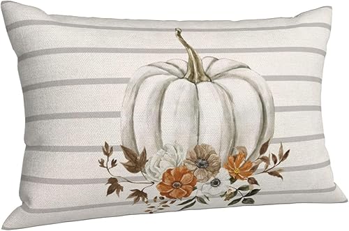 Miniatura 5 de Juego de 2 fundas de almohada de otoño de 12 x 20 pulgadas, fundas de almohada de calabaza en acuarela, rayas grises, flores de otoño para