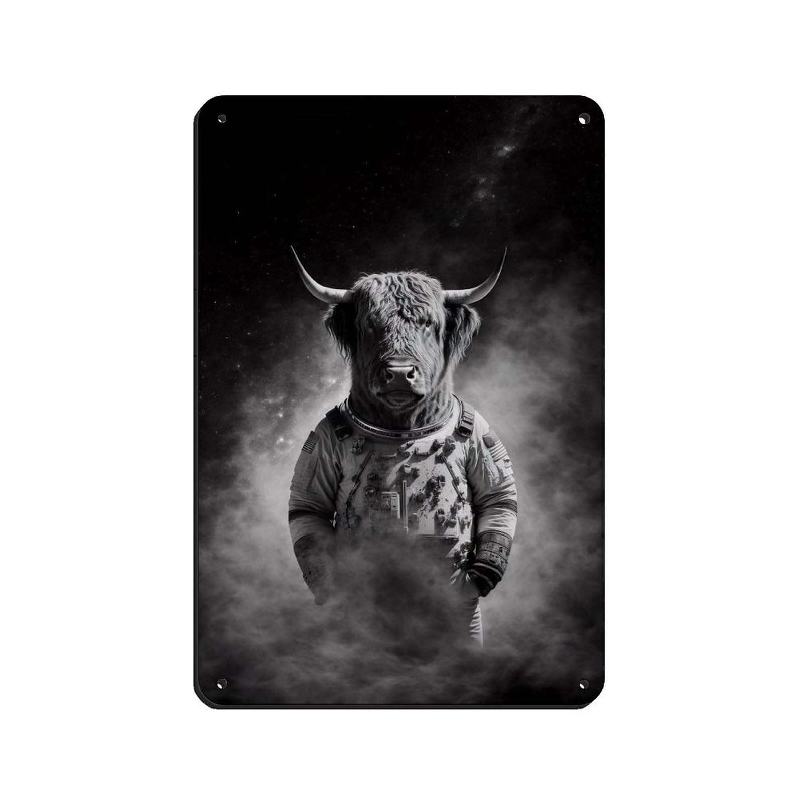 Lxwnze 20L X 30W Cm Highland Cow In A Spacesuit, Animal In Space Retro Poster Metal Tin Sign Chic Art Retro Iron Painting Bar People Cave Cafe Family Garage Poster Wall Decoration 8X12inch(20X30cm)