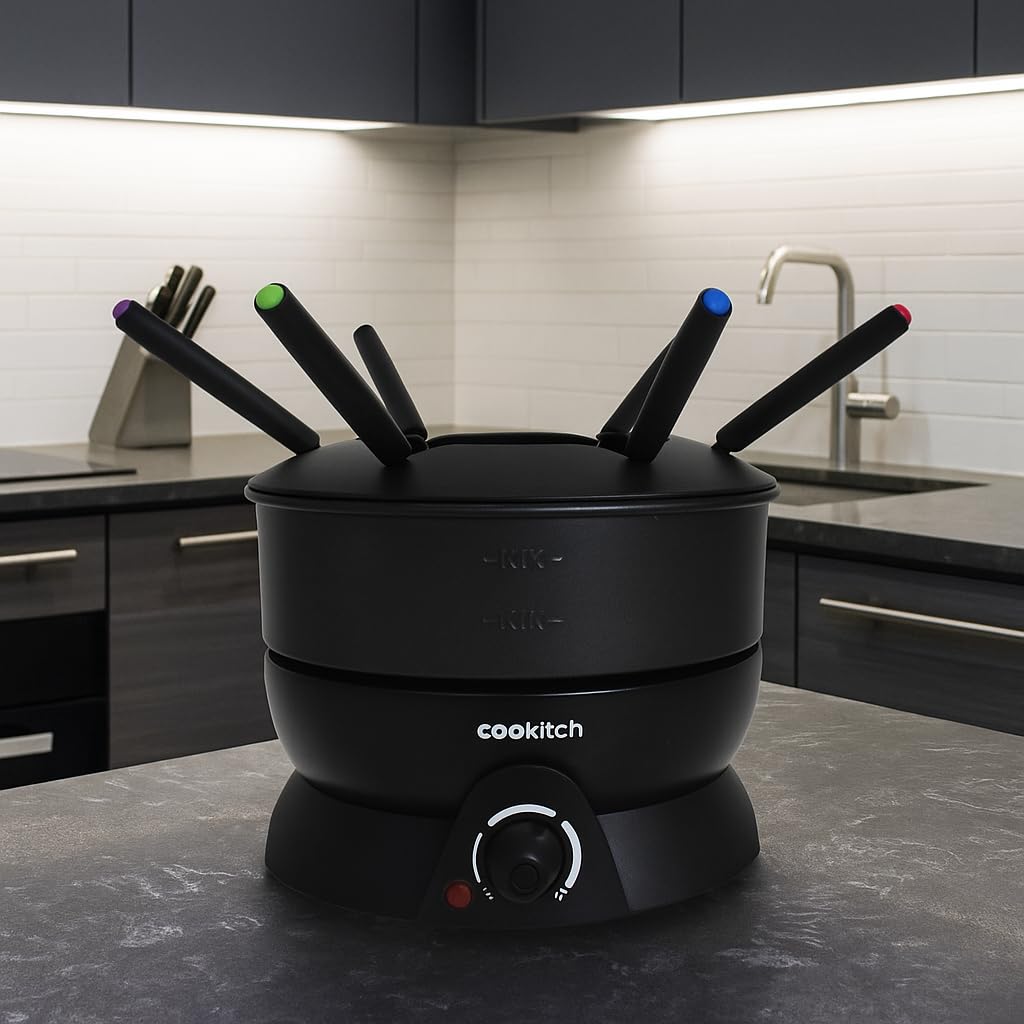 Fondue Eléctrico para 6 Personas, Fondue para Queso, Chocolate, Carne, Caldo y Más, Capacidad de 1.3L, Antiadherente, Termostato Regulável