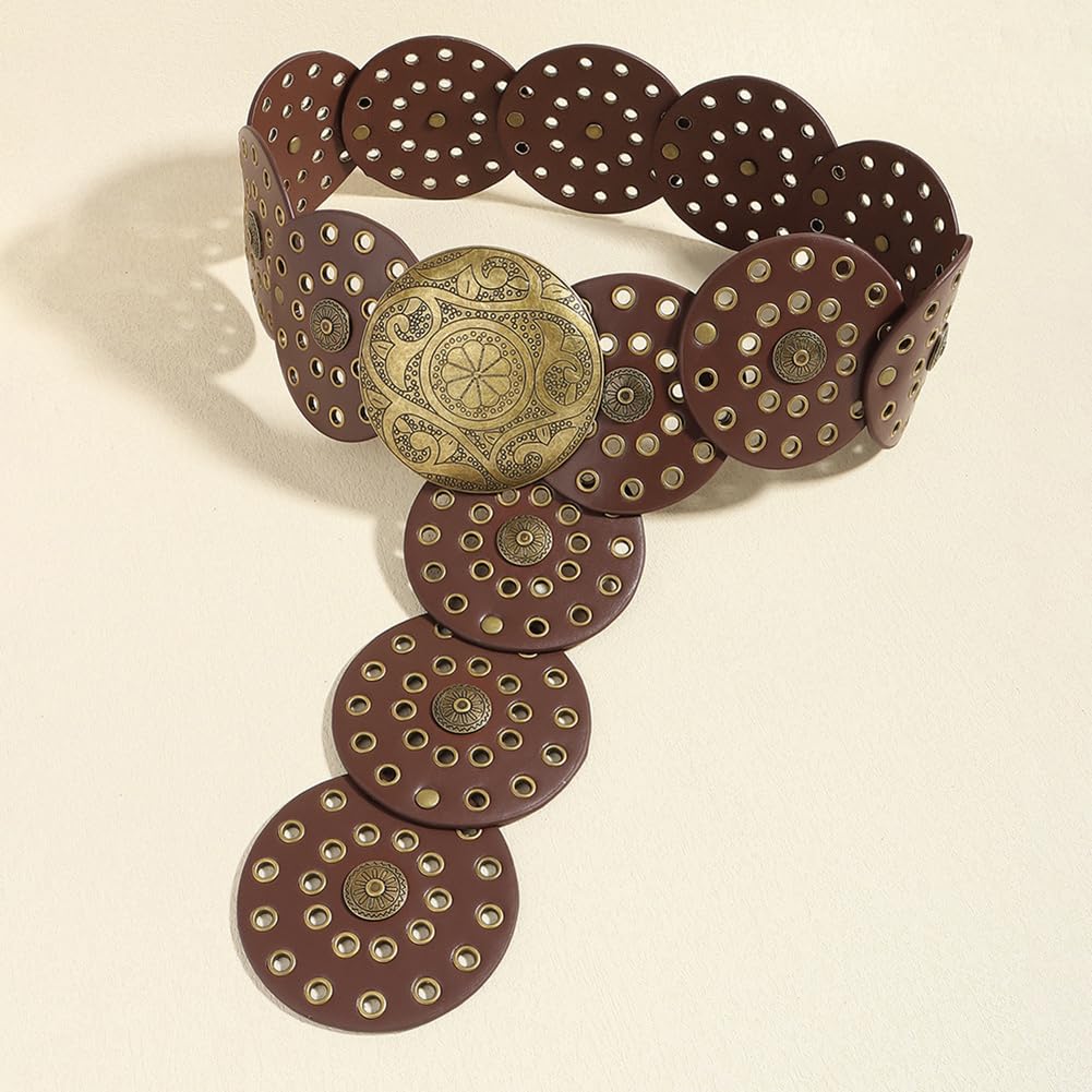 LIMHOO Ceinture à Large Disque Pour Femmes Ceinture Ronde Creuse en Cuir Ceinture de Taille Occidentale Boho
