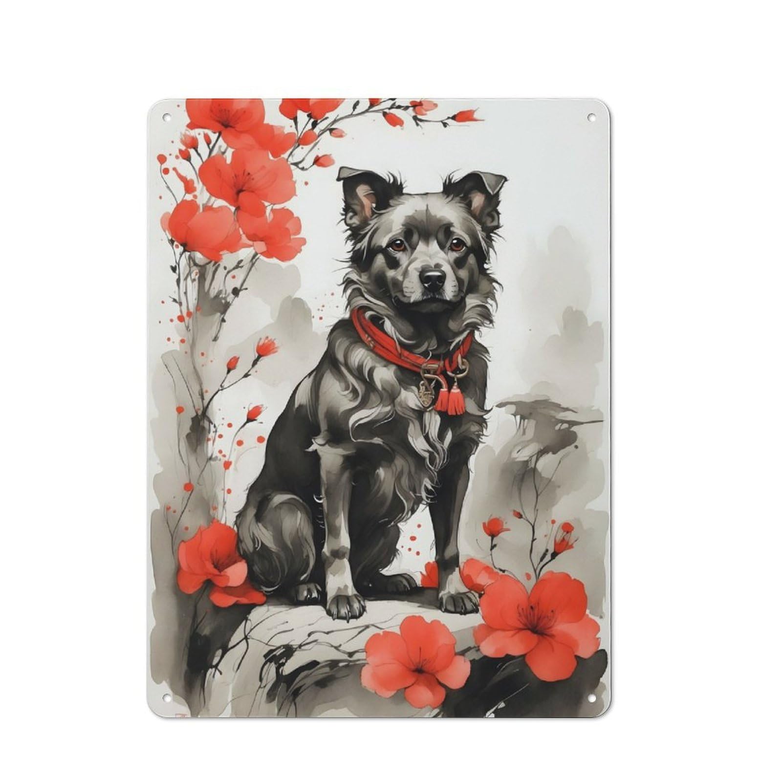 Junmoney Dog Ink Japanese Style Printed Metal Sign 40X30cm For Studio Or Craft Room, For Creative-Space Collectors