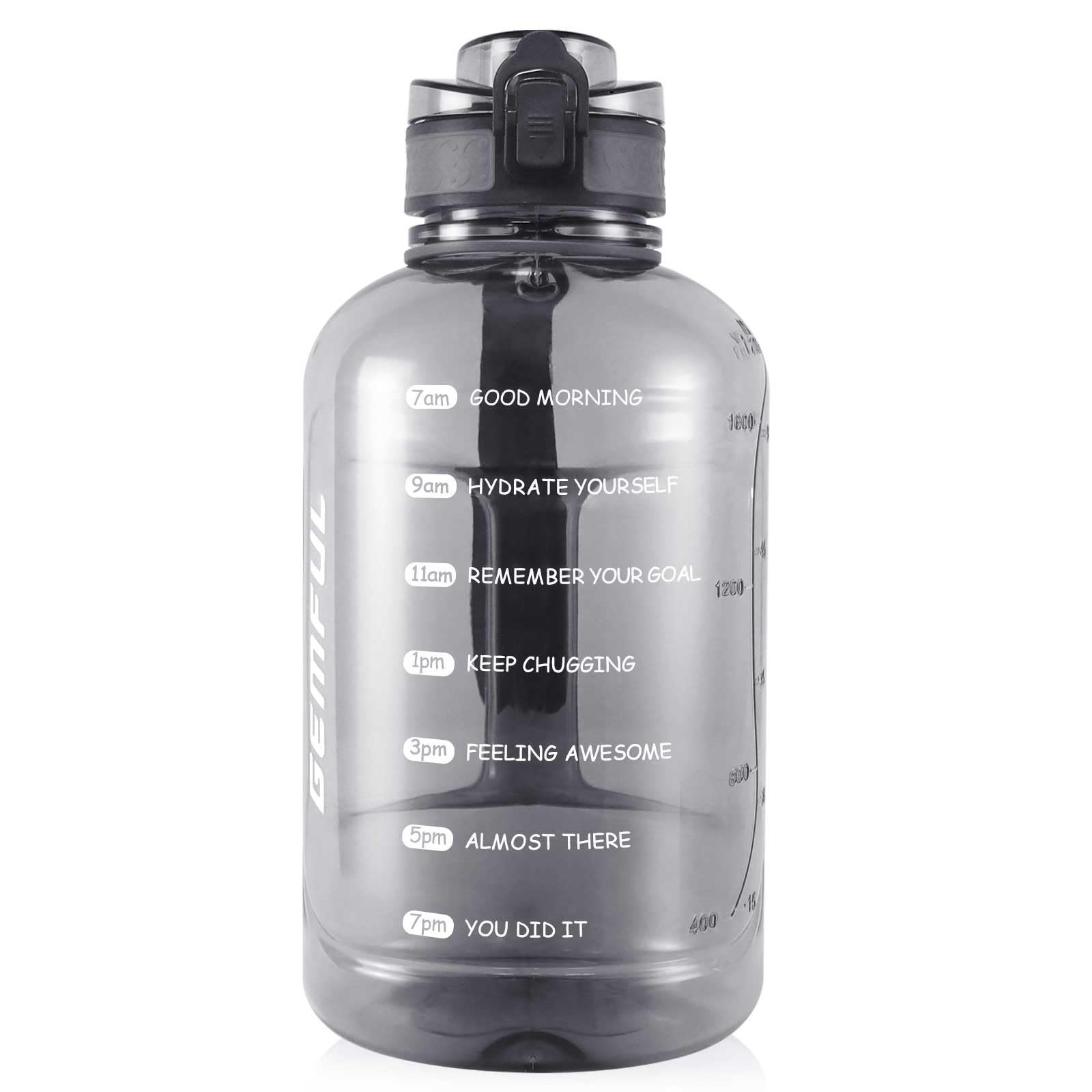 GEMFUL 2 Liter Trinkflasche mit Zeitmarkierung - BPA-frei, Auslaufsicher, Sport Trinkflasche 2L mit Griff für Fitness, Büro & Outdoor （Grau）