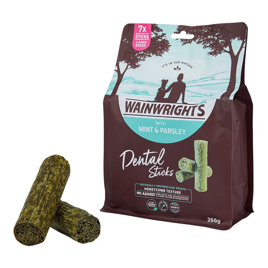 New Wainwright's Large Breed Dog Dental Sticks With Mint & Parsley source of plant based protein and the honeycomb texture can help your dog's teeth and gums 7 Pack