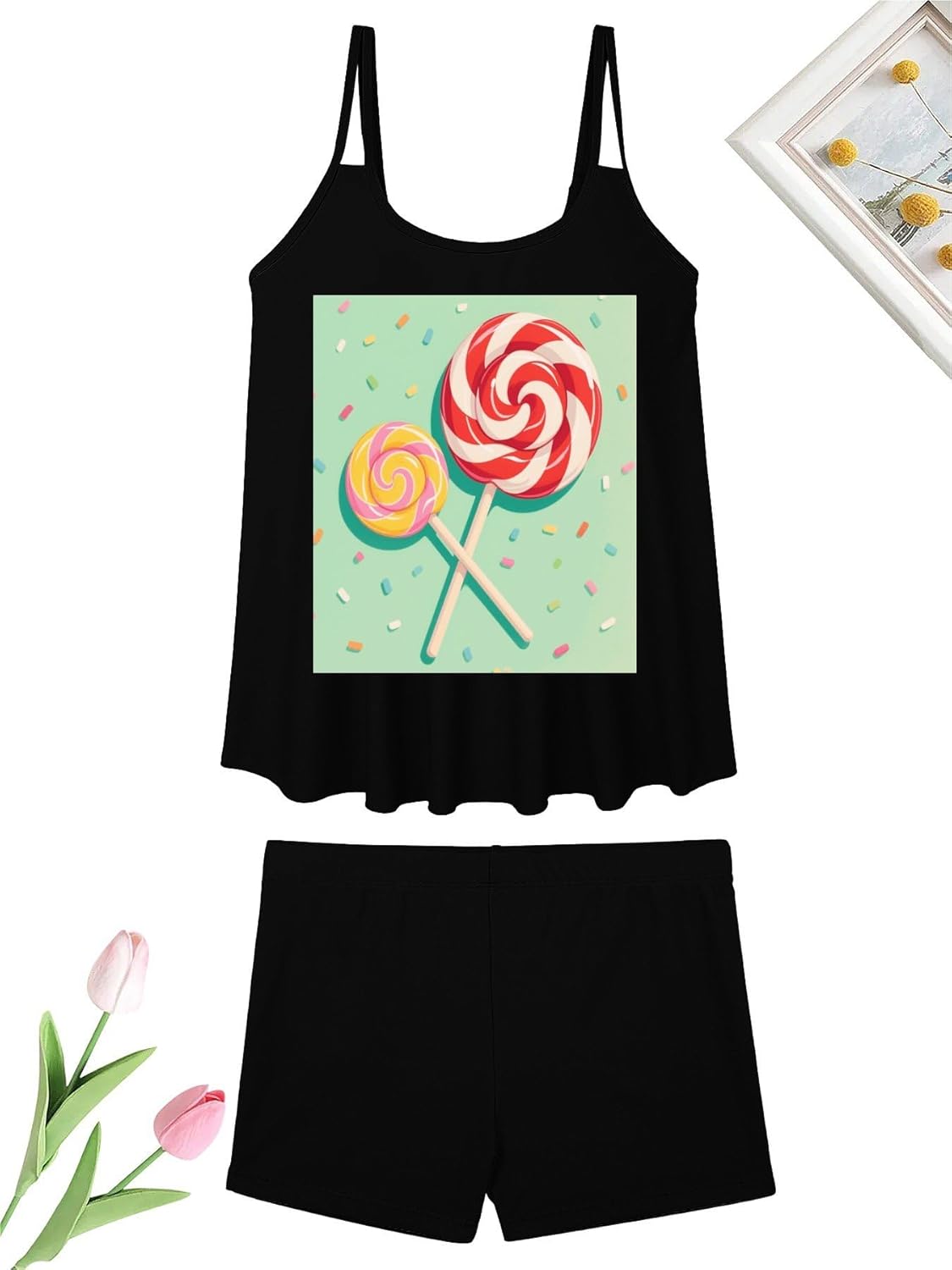 Lollipop Tankini Swimsuits for Women Tummy Control Two Piece Bathing Suits Swim Tops with Boy Shorts