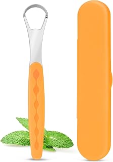 Metal Tongue Scraper,HeavyRare in Stainless Steel,With Packing Box,Practical For Travel,Deep Cleaning,Sinusels Fresh Breath Suit,Orange