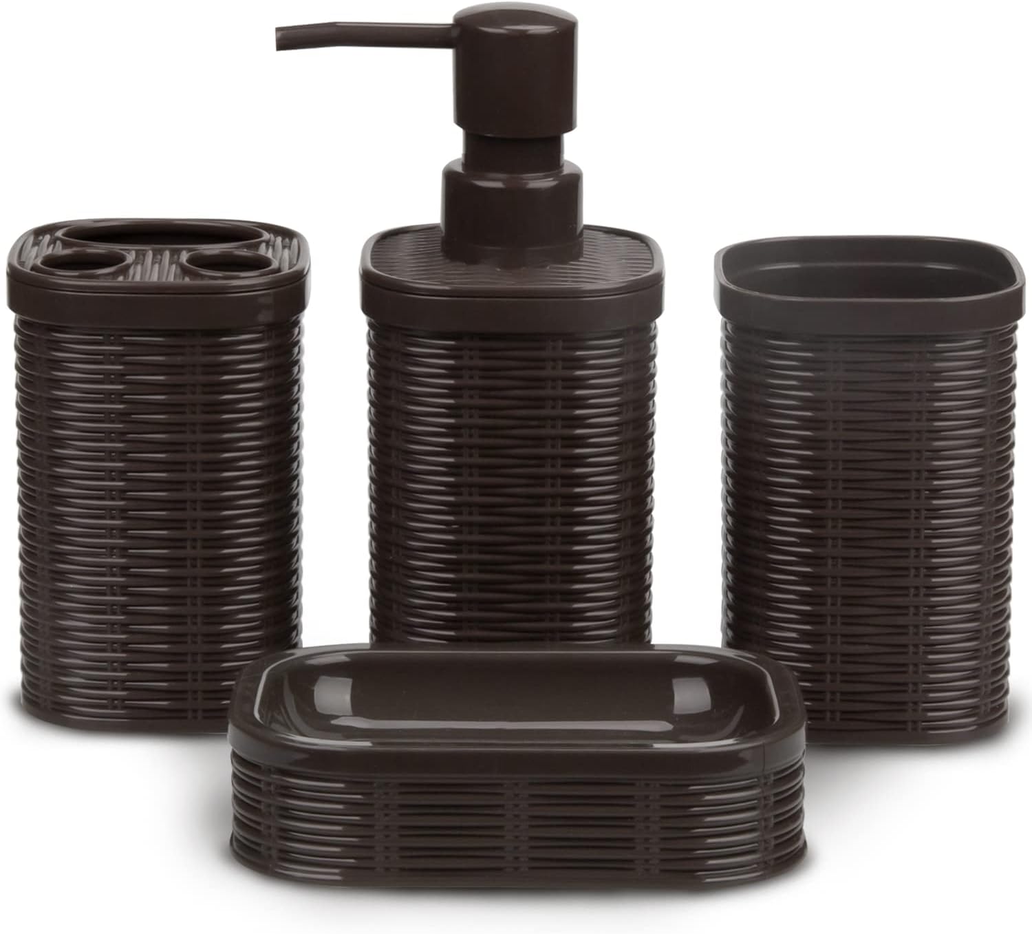 CERBIOR Bathroom Accessories Set 4 Piece Bath Ensemble Includes Soap Dispenser, Toothbrush Holder, Toothbrush Cup, Soap Dish for Decorative Countertop and Housewarming Gift, Brown