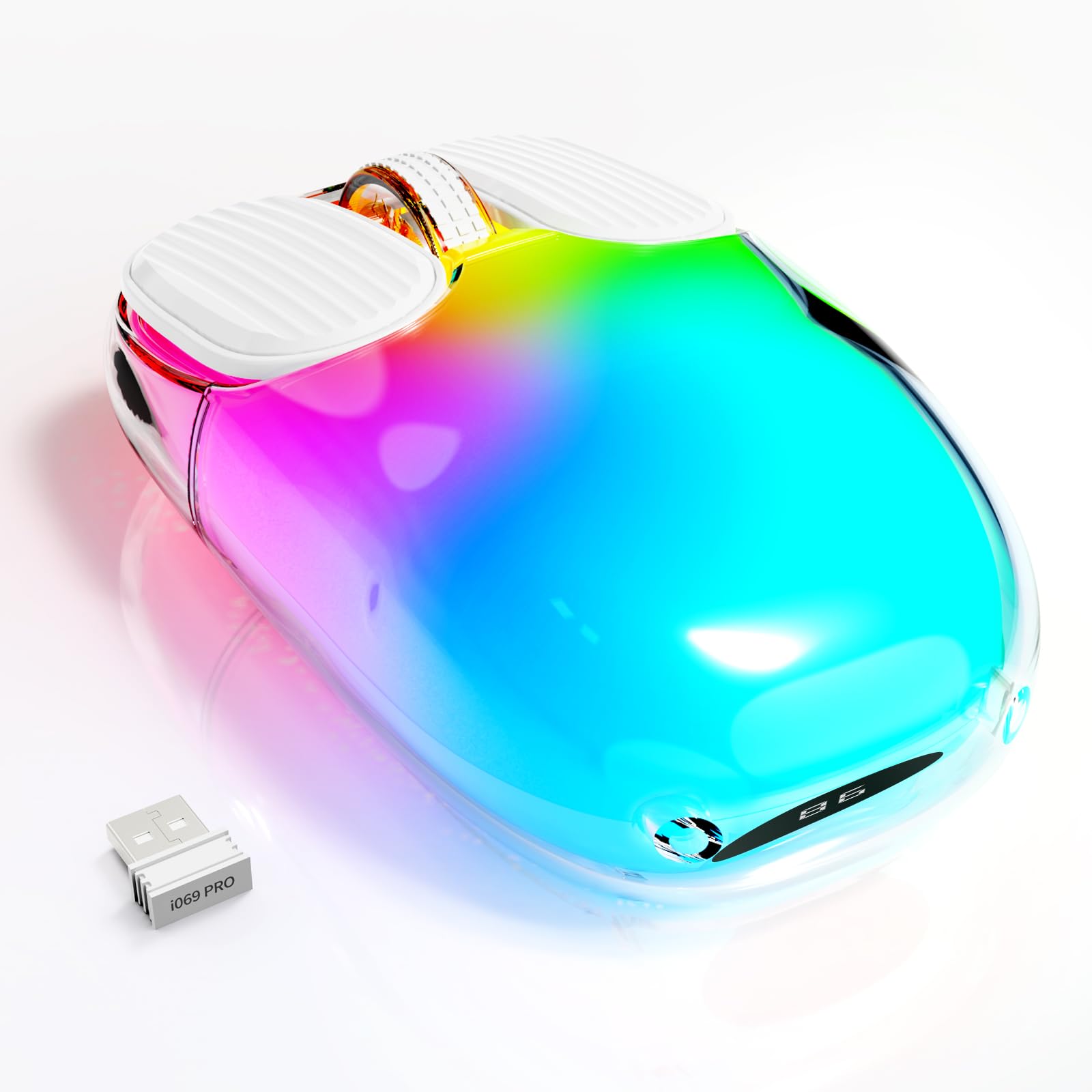 MAMBASNAKE Mouse da gioco wireless Bluetooth, simpatico mouse senza fili silenzioso, display alimentazione,guscio trasparente, 7 luci RGB, ottico 1600DPI, mouse portatili ricaricabili 600mAh (bianco)