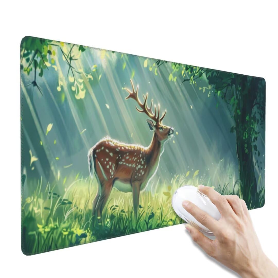 Tapis de Souris Forêt Tapis de Souris XXL, Extra Grand Tapis Souris Gamer XXL Tapis de Souris Gaming, Imperméable Mouse Pad avec Base Atidérapante pour Maison/Bureau/Gamer (1000 x 500 x 3 mm, Cerf)