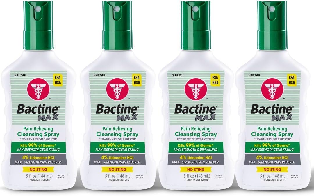 MAX First Aid Spray - Pain Relief Cleansing Spray with 4% Lidocaine - Numbing Lidocaine Kills 99% of Germs - Pain + Itch Relief for Minor Cuts & Scrapes, Burns & Bug Bites - 5oz, 4 Pack