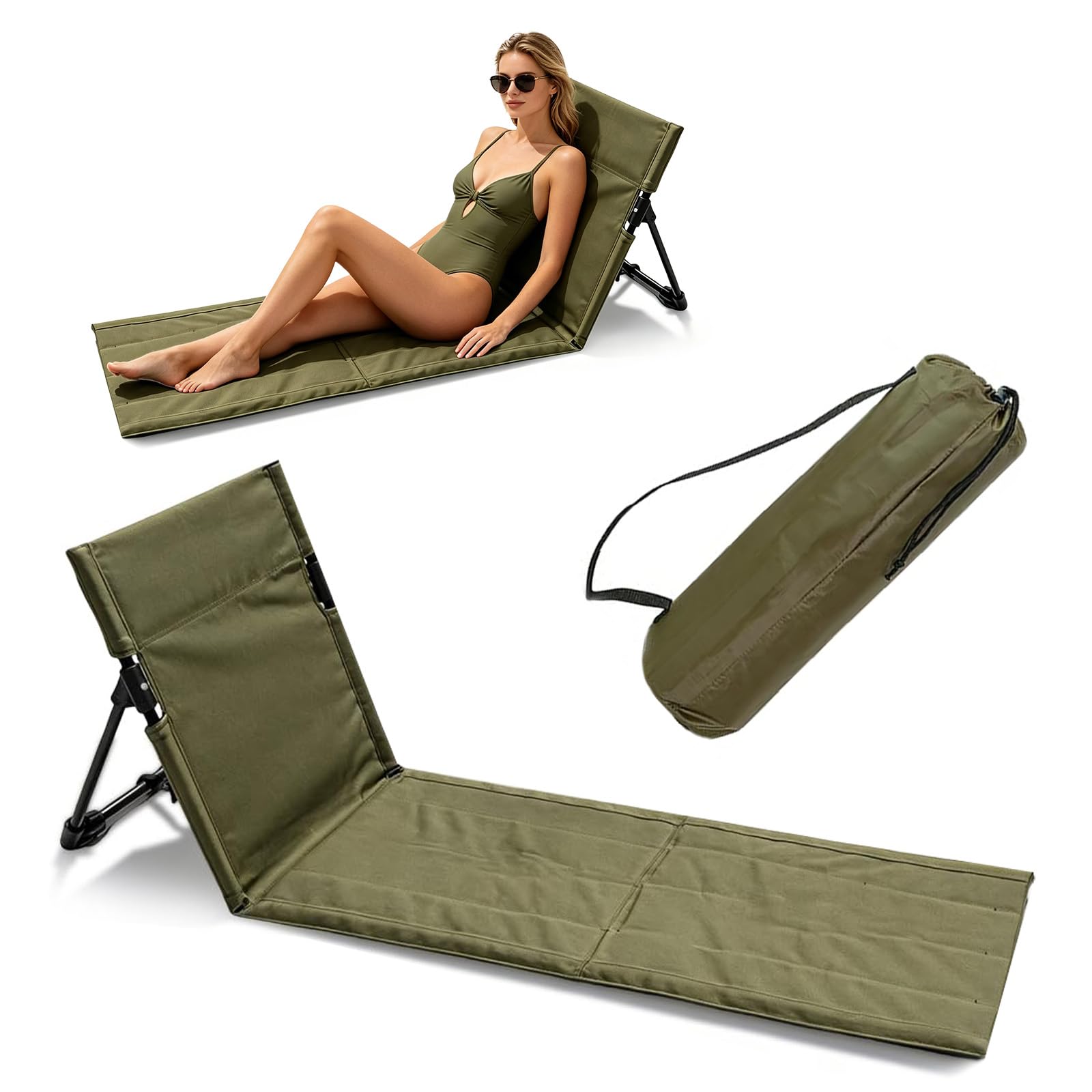 Tapis de Plage avec Dossier, Chaise de Plage avec Sac de Rangement, Transat Plage, Siege de Plage Pliable Portable Leger, Chaise de Sol Pliable pour Le Camping, Les Voyages (Vert Militaire 2, Long)