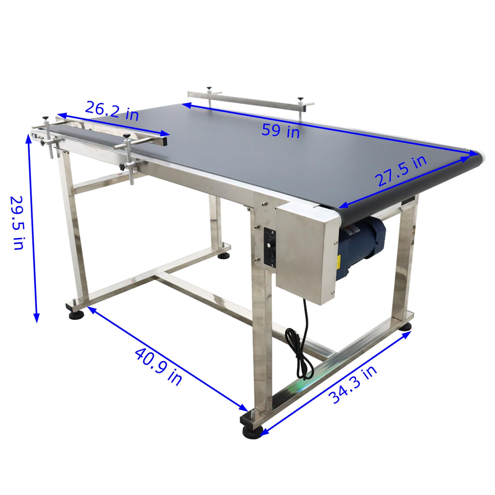 BEILOCKERY 59 inch PVC Belt Conveyor 27.5 inch Width Double Guardrails Stainless Steel Frames Belt Conveyor for Conveying Bottles Metal Plastic Bags Cartons 110V 250W