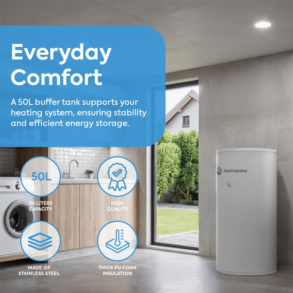TECHGLOBE - Serbatoio tampone in acciaio inox ad alta efficienza energetica - con isolamento da 50 mm - Serbatoio tampone - Bollitore d'acqua (50 L)